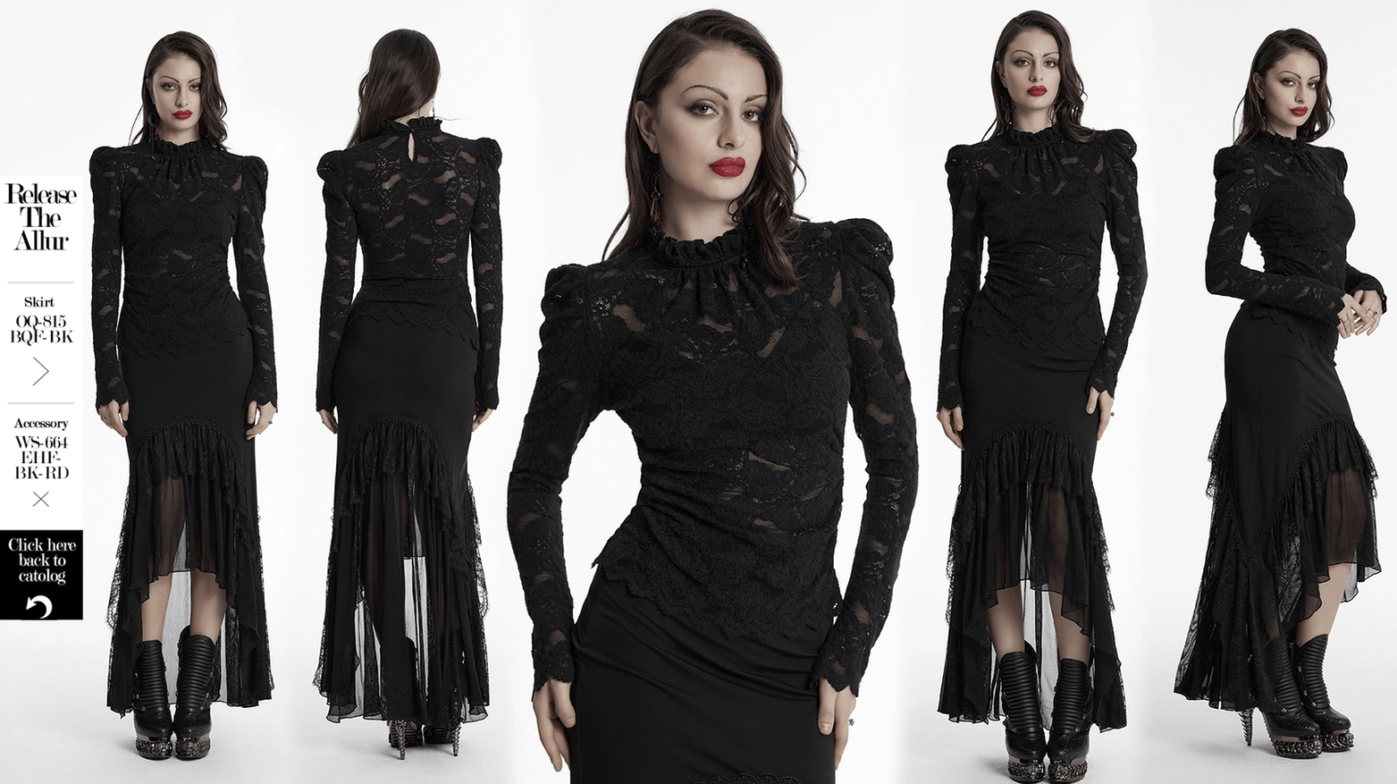 Black gothic lace blouse overall construction view showing slim-fit silhouette lined chest panel and dimensional lace overlay design