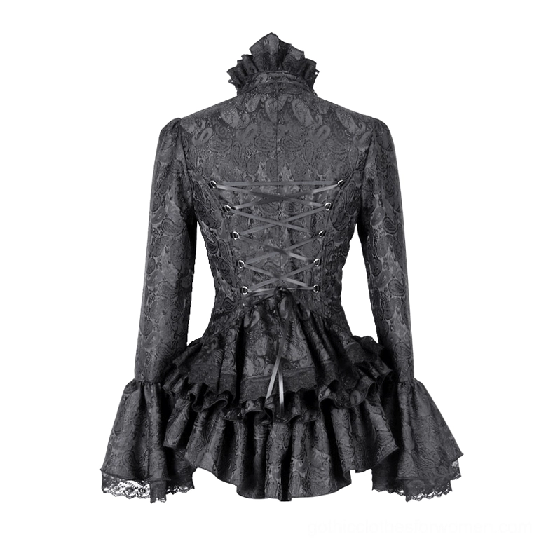 Gothic ruffle blouse rear mannequin view showcasing lace-up corset back and structured peplum