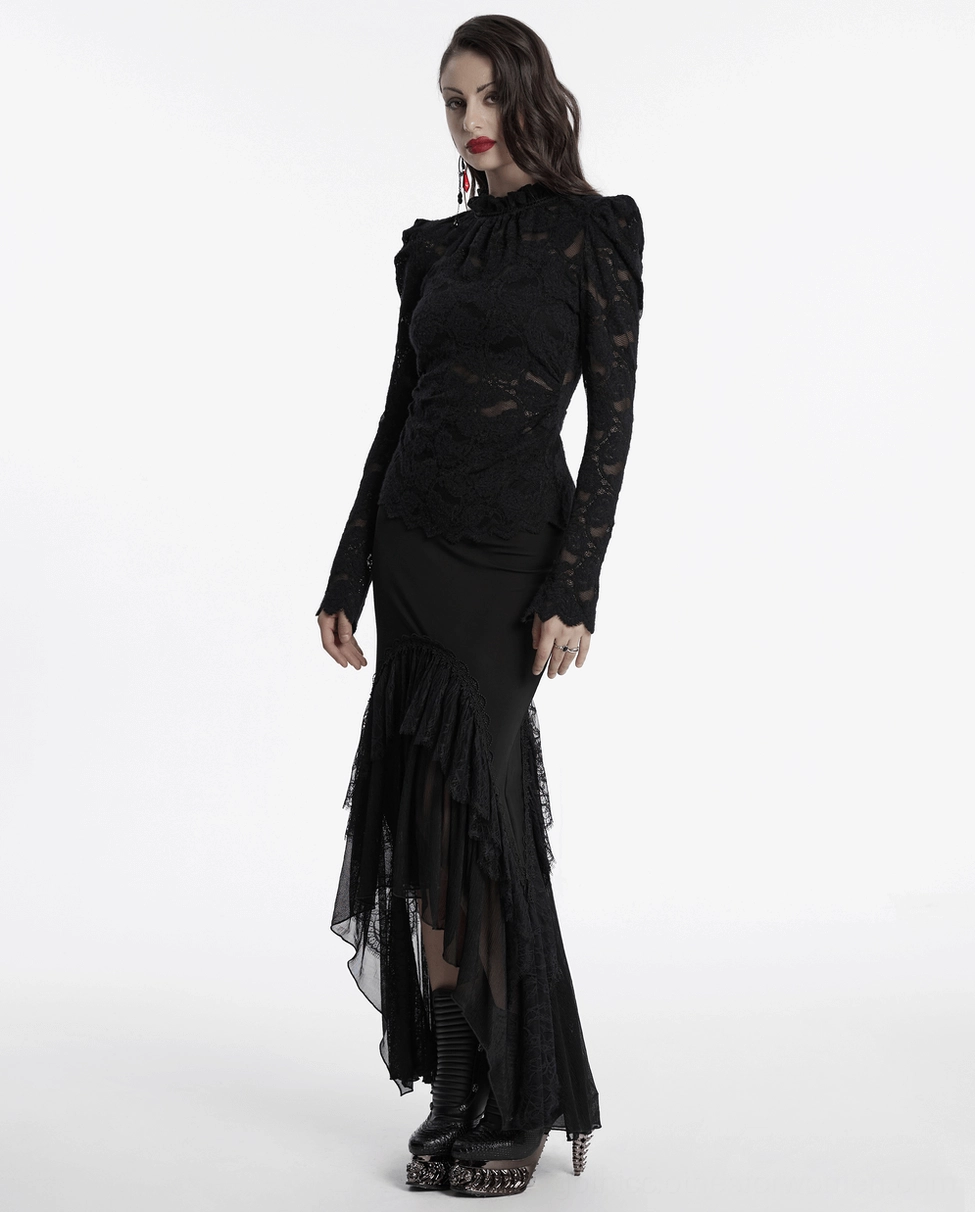 Black gothic lace blouse detail shot highlighting delicate wavy trim at cuffs and intricate lace construction for alternative fashion