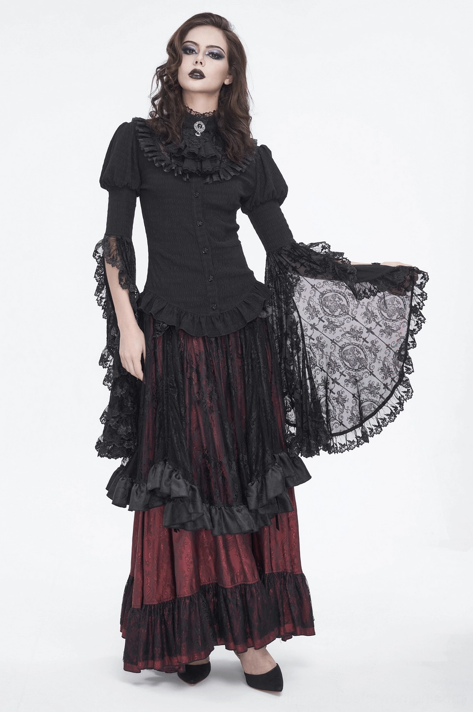 Gothic lace blouse detail showing lace density, craftsmanship, and delicate fabric construction