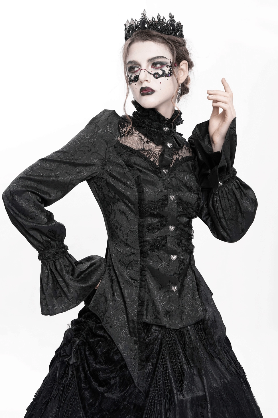 Gothic lace blouse fabric texture, floral jacquard weave, polyester blend material close-up