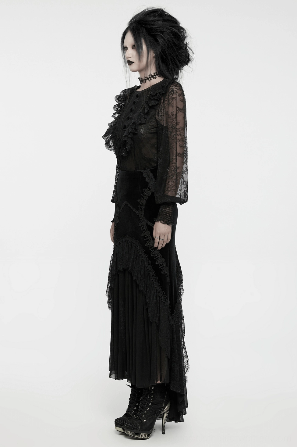 Black gothic lace blouse fit guide - how the blouse drapes and sits on body