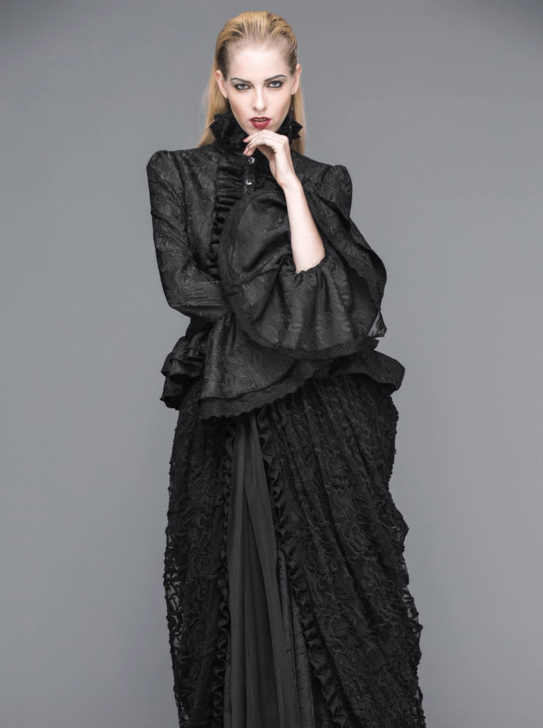 Gothic black blouse with flared lace sleeves and ruffled peplum hem, model wearing full blouse ensemble