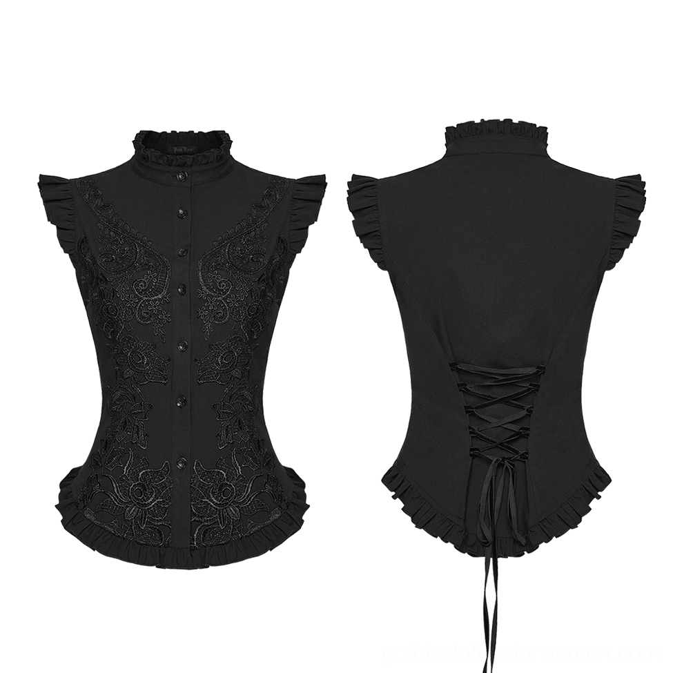 Black gothic ruffled lace blouse flat lay - front and back view showing intricate embroidery and corset lacing