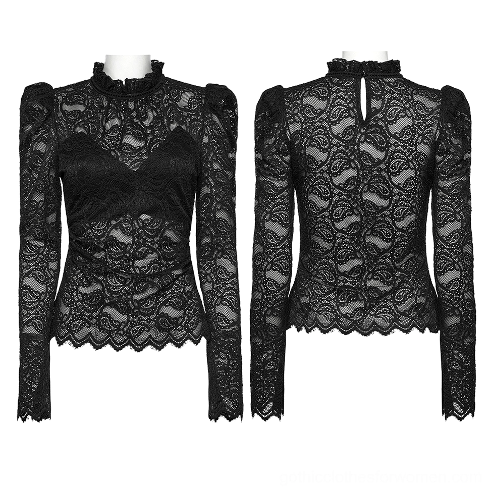 Black gothic lace blouse shown on dress form in front and back views, highlighting ruffled collar puff sleeves and slim-fit silhouette