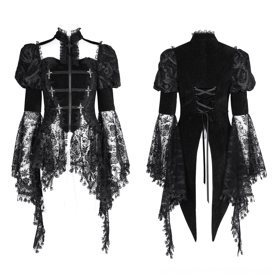 Black gothic lace corset blouse mannequin display front and back side-by-side comparison showing cross zipper and back lacing