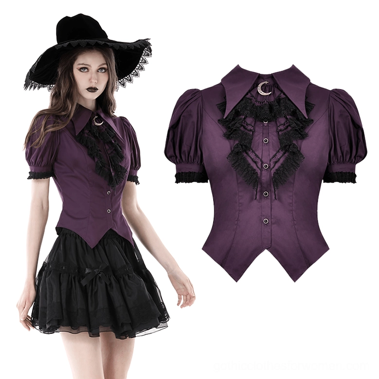 Half-body front view and flat lay of purple gothic lace blouse showing crescent brooch and layered black lace trim details