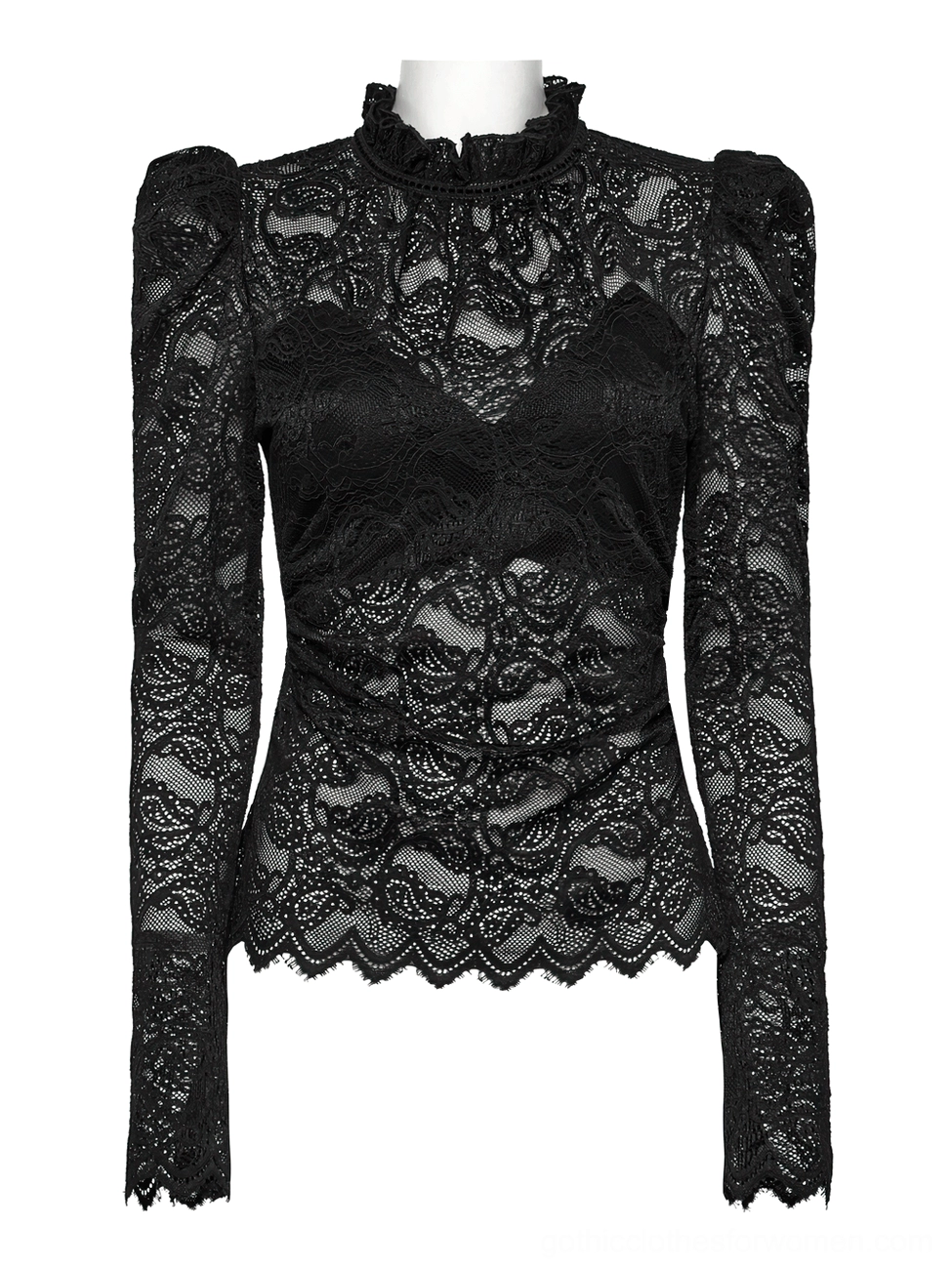 Black gothic lace blouse front view on dress form featuring heart-shaped lace bust detail and decorative ruffled collar