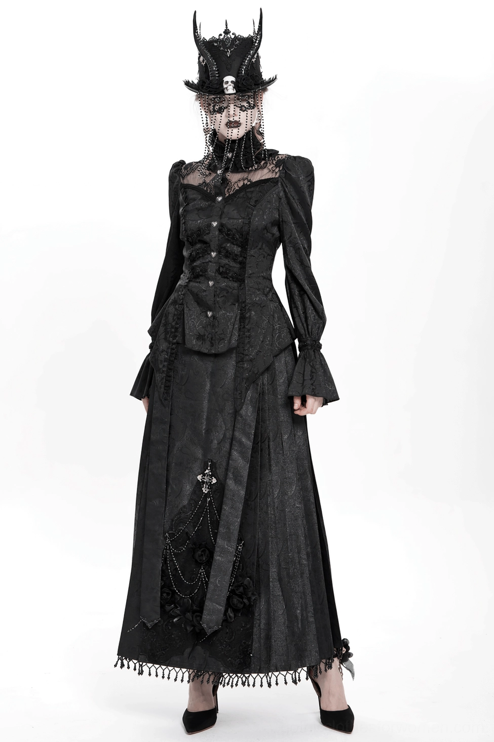 Gothic lace blouse full body alternative fashion styling, dark romantic outfit aesthetic