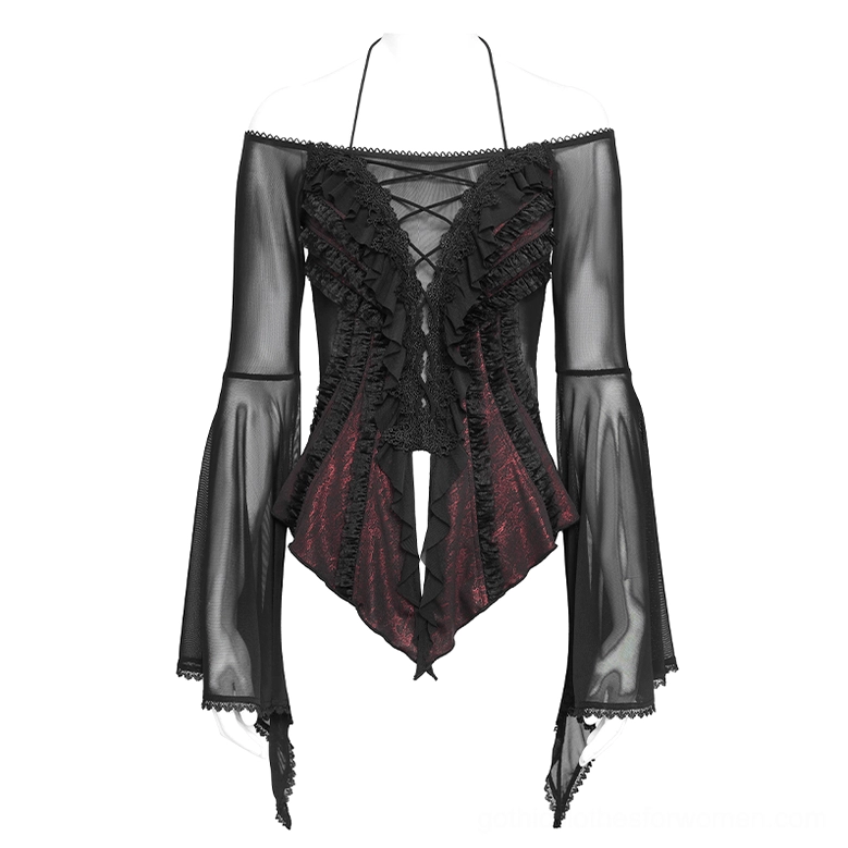 Off-shoulder gothic blouse on mannequin featuring bell sheer sleeves and lace-up front with dark red panel