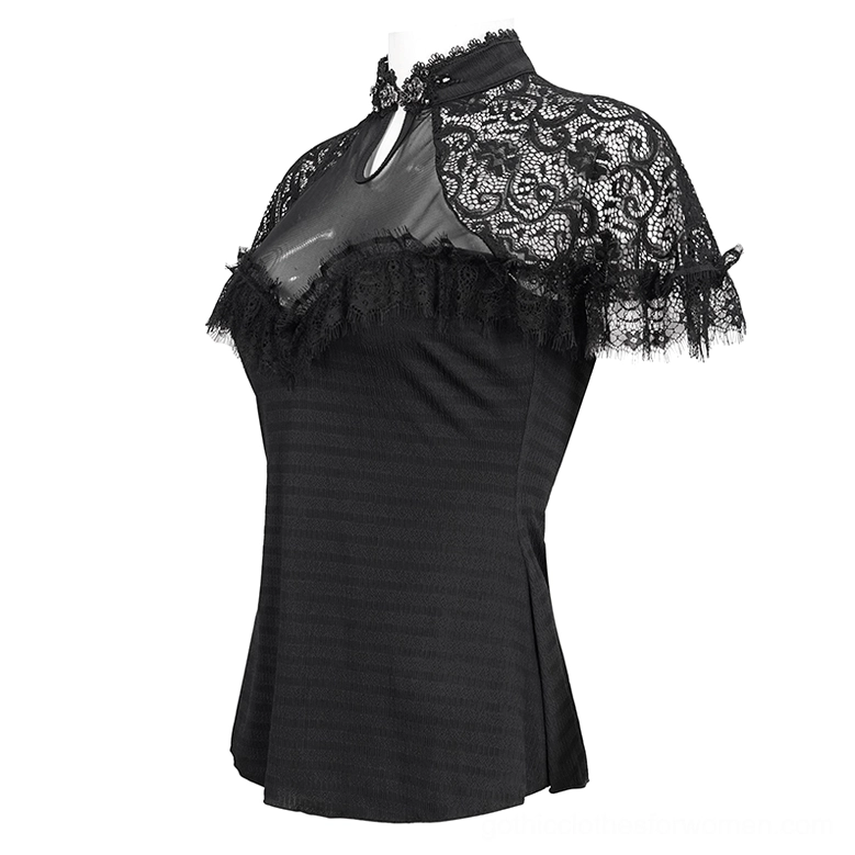 Black gothic lace slim fit v-neck t-shirt front angle showing metal collar clasp and side slit