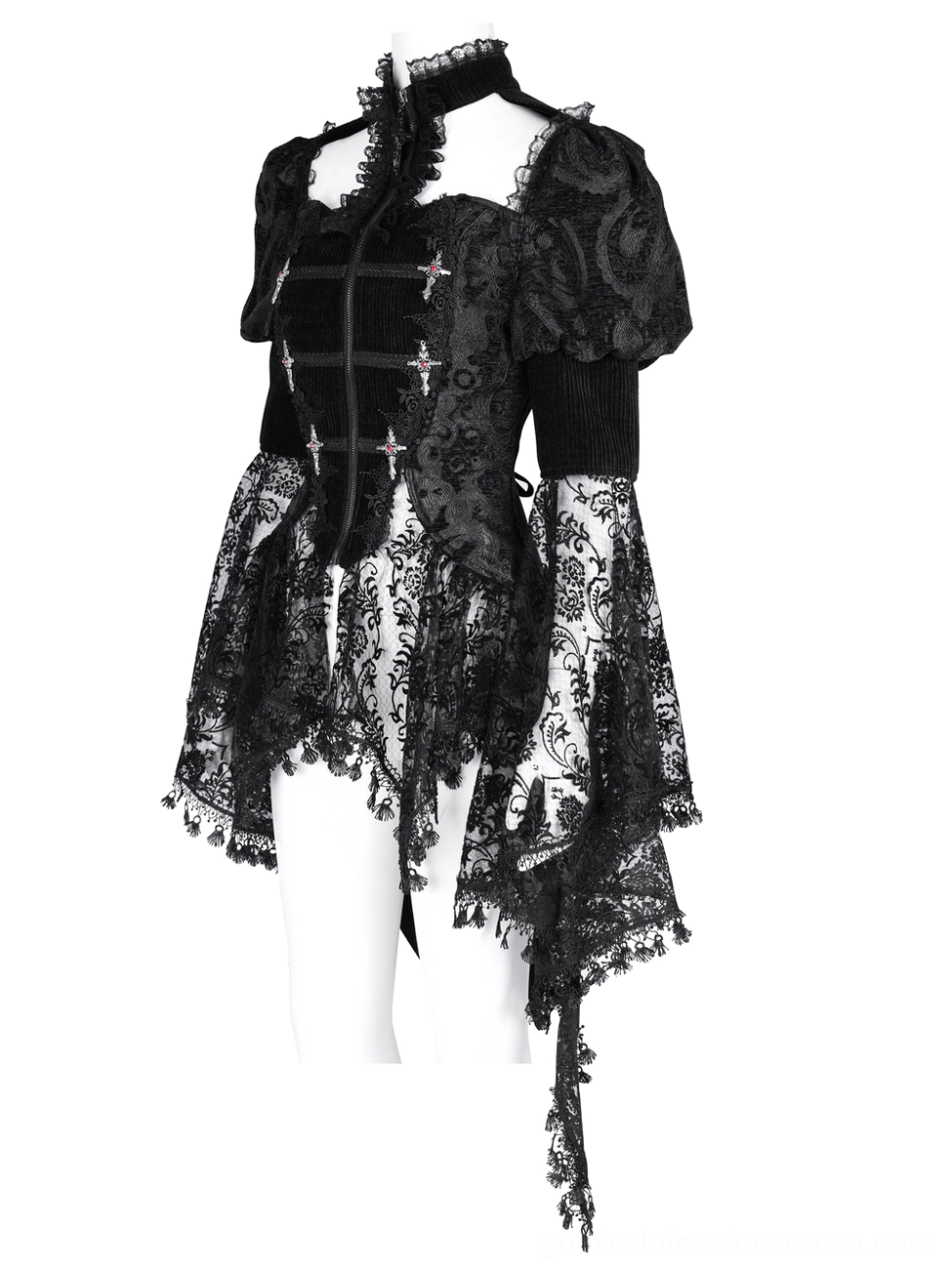 Cropped black gothic Victorian lace blouse mannequin three-quarter view with high neckline and cross zipper details