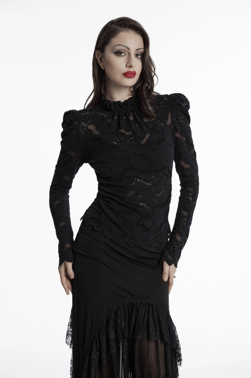 Black gothic lace blouse display showing puff sleeve construction and pleated waist detail on dress form
