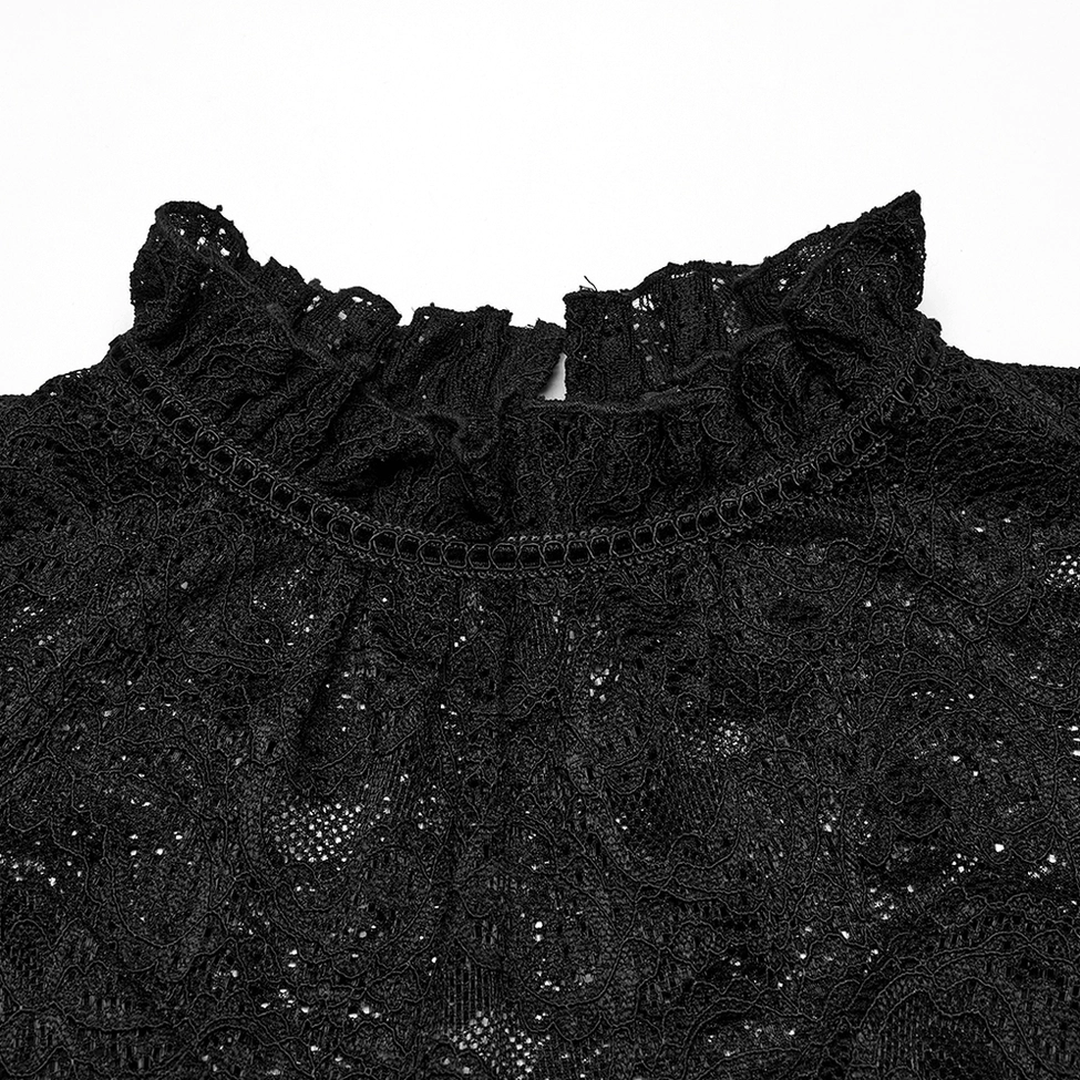 Close-up detail of black ruffled stand collar on gothic lace blouse showing delicate lace trim and architectural construction