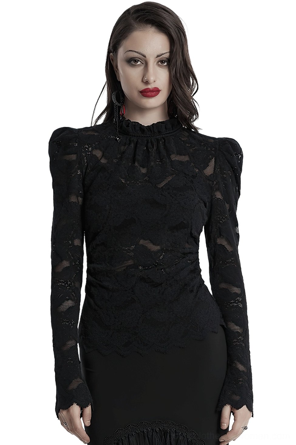 Black gothic lace blouse with ruffled stand collar and puff sleeves worn on model, front view showcasing intricate paisley lace pattern and dramatic silhouette