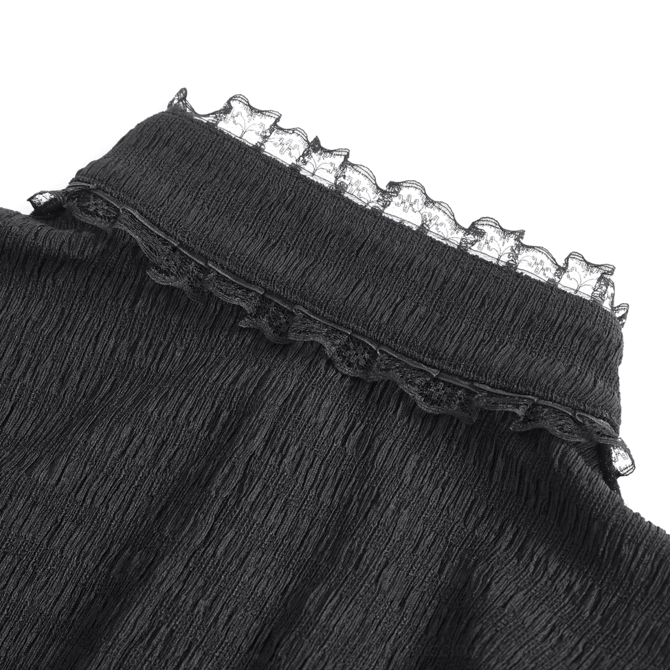 Close-up textile detail of crinkled woven lace ruffled collar edge and fabric composition