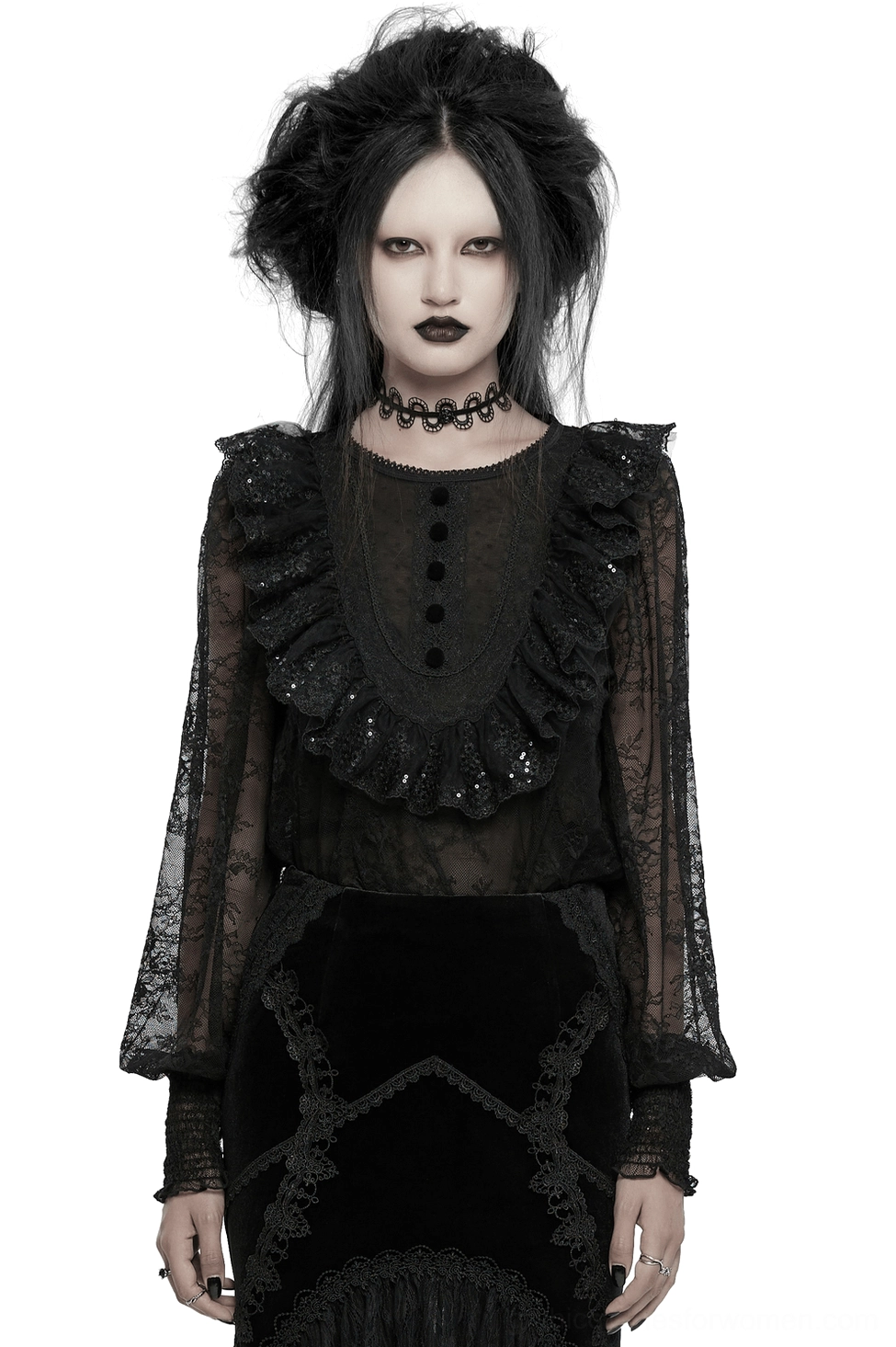 Black lace gothic blouse with sequin ruffle neckline - front full view