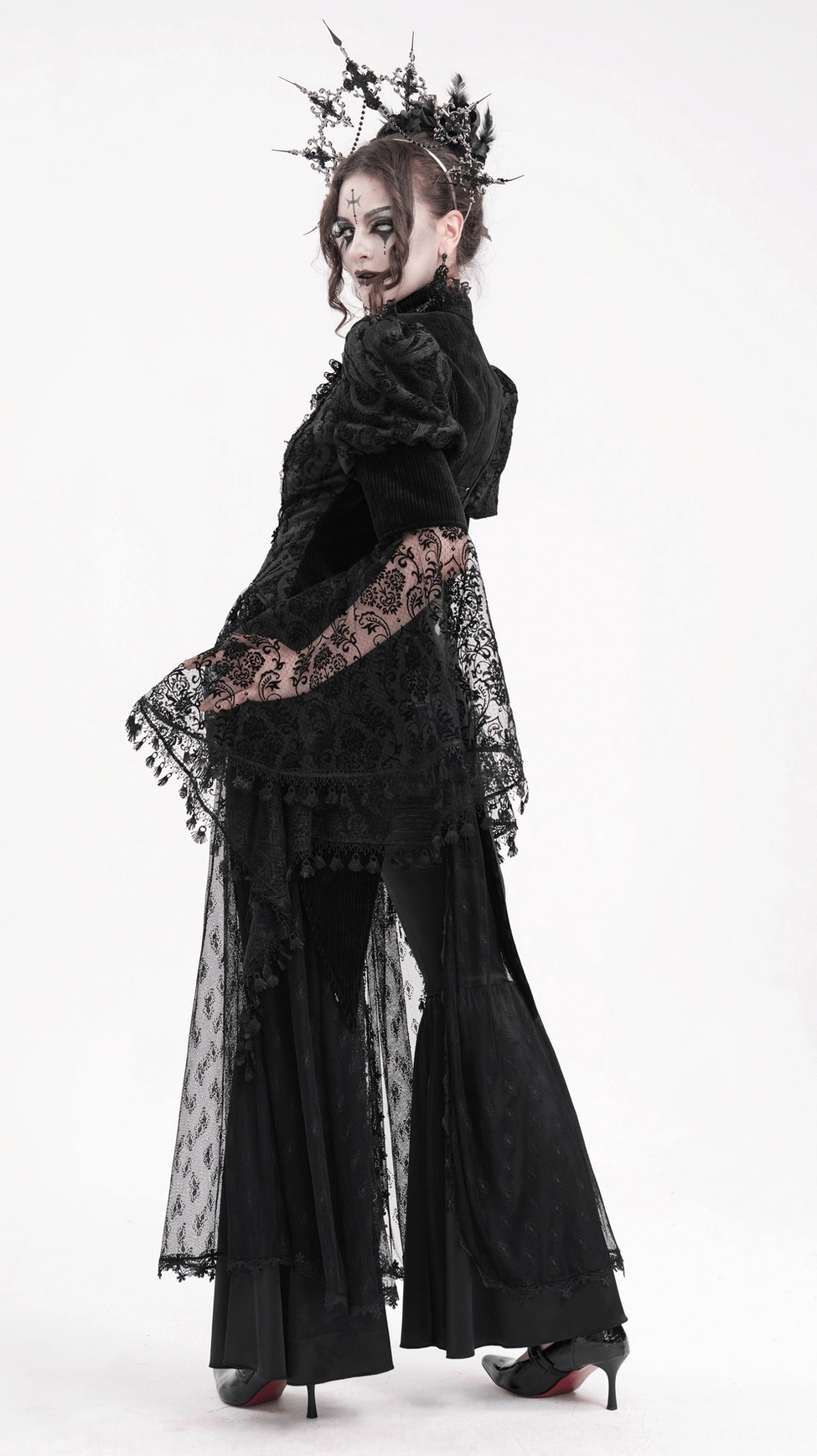 Black Victorian gothic lace blouse side profile showing bell sleeve construction and lace details