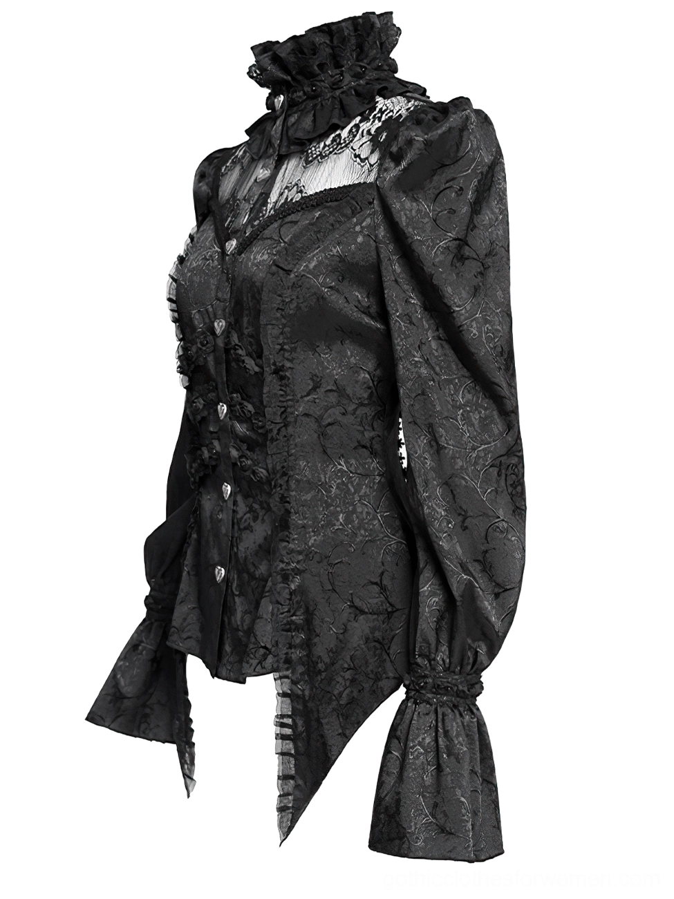 Gothic lace blouse side view on mannequin, bell sleeve flare detail, asymmetric hem construction