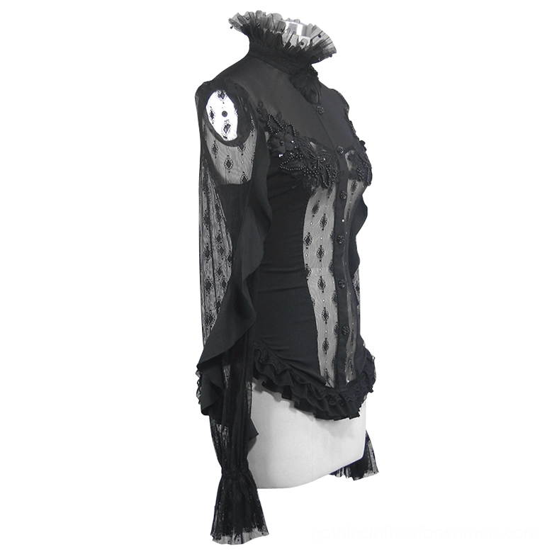 Gothic corset lace blouse side three-quarter view on mannequin displaying fitted slim-fit silhouette and sheer mesh sleeves