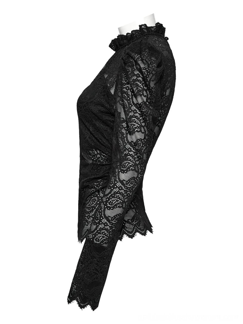 Black gothic lace blouse side view on dress form showing fitted waist pleating and elegant drape of sheer lace fabric