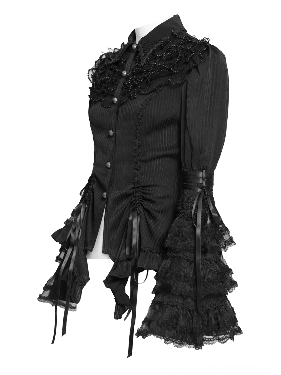 Black gothic lace blouse side view flat lay showing asymmetrical hem, layered ruffled sleeves, and drawstring side details