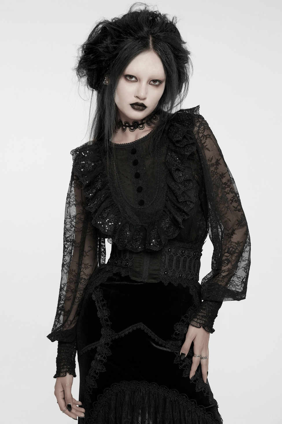 Black lace gothic blouse size comparison - different sizes on mannequins
