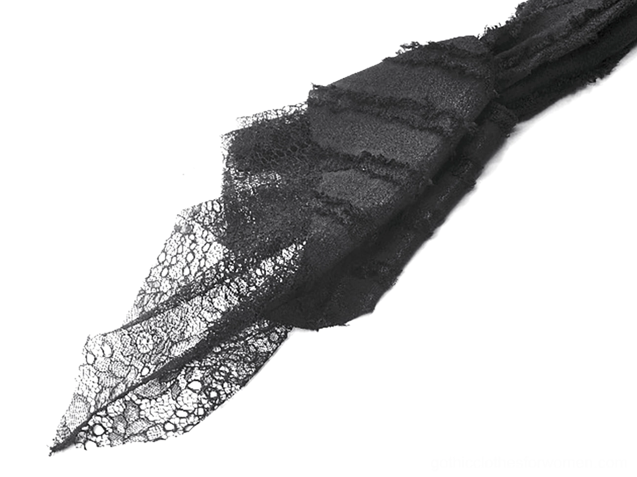 Black gothic lace ruffle blouse sleeve detail, featuring delicate sheer lace cuff trim and intricate fabric construction