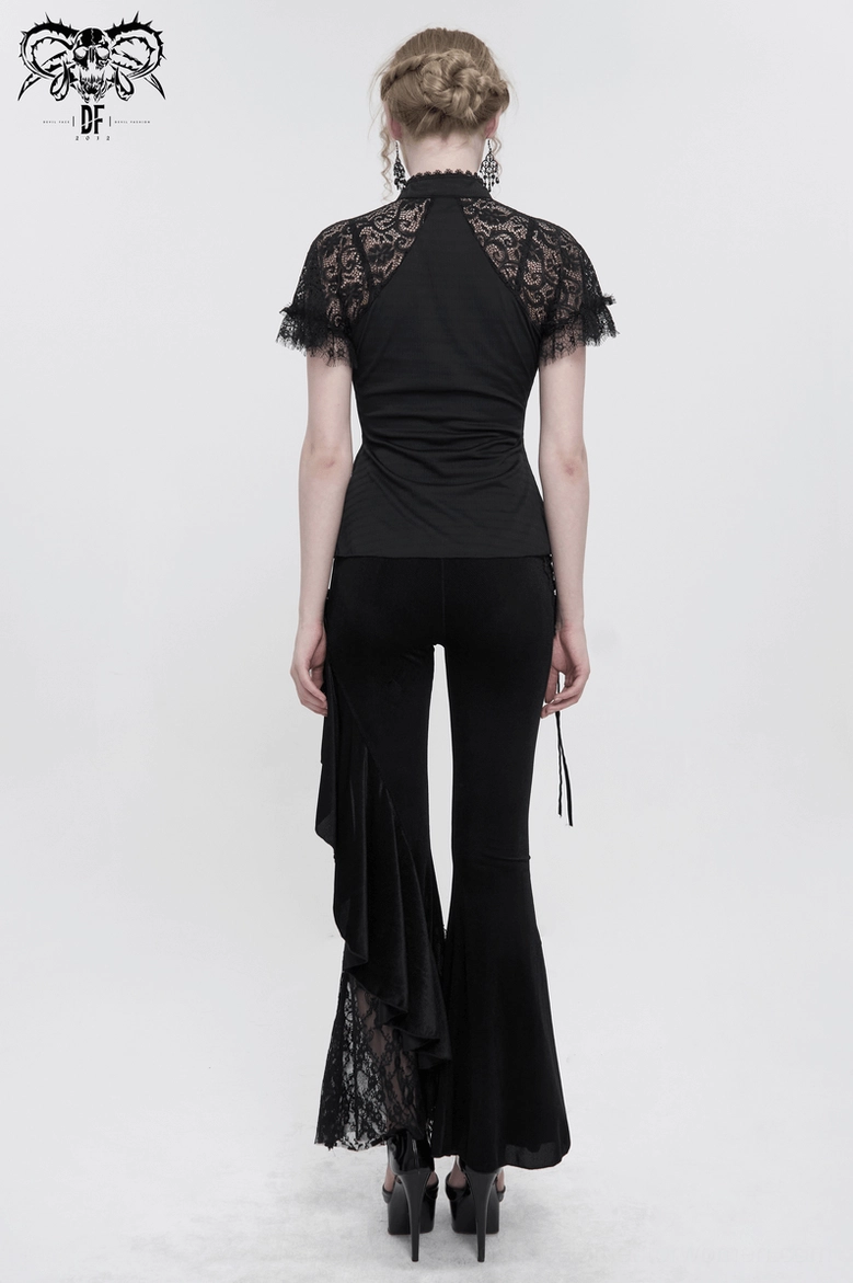 Black gothic lace blouse side view featuring slim fit silhouette and raglan sleeve cut