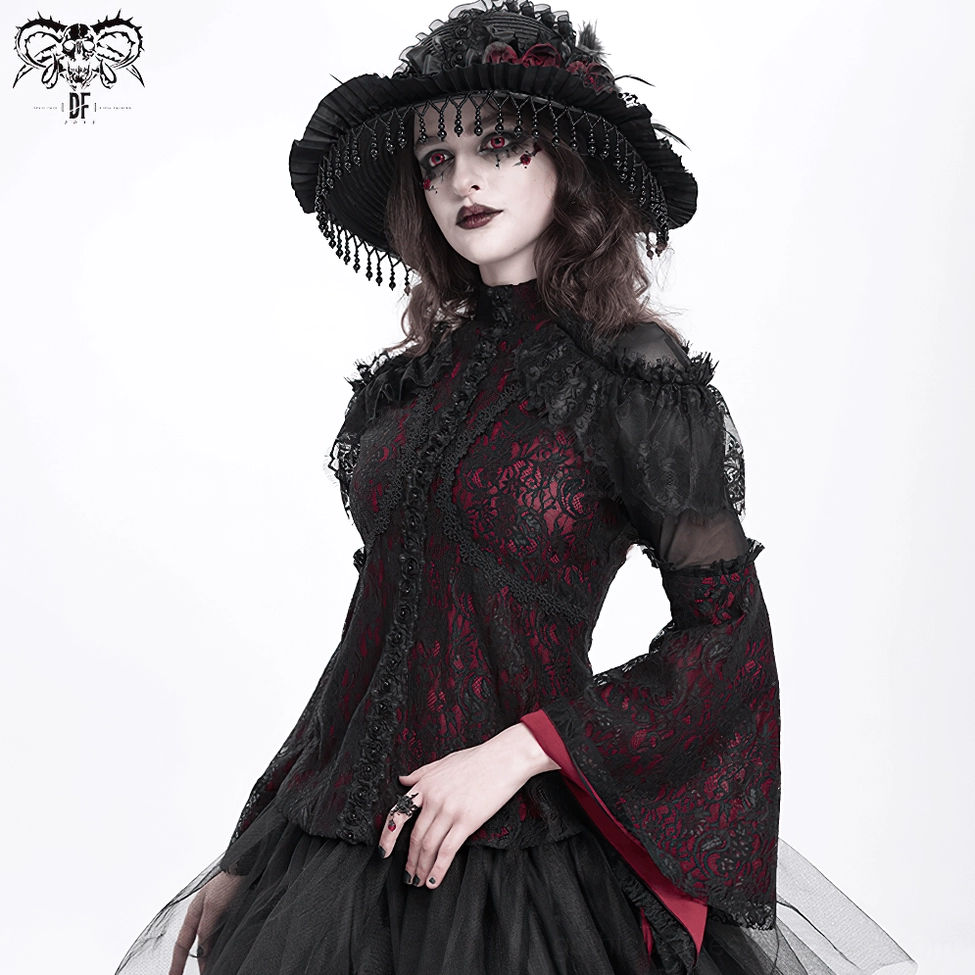 Three-quarter angle of gothic Victorian lace blouse showing drape, bell sleeve flow, and overall romantic silhouette design