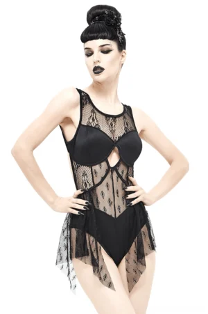 Black sheer lace gothic bodysuit with crisscross lace-up back worn by model front three-quarter view