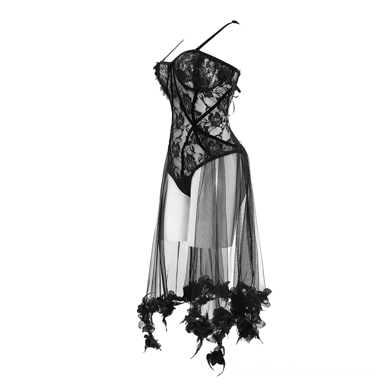 Single-strap black sheer lace bodysuit with feather-trimmed skirt overlay flat lay