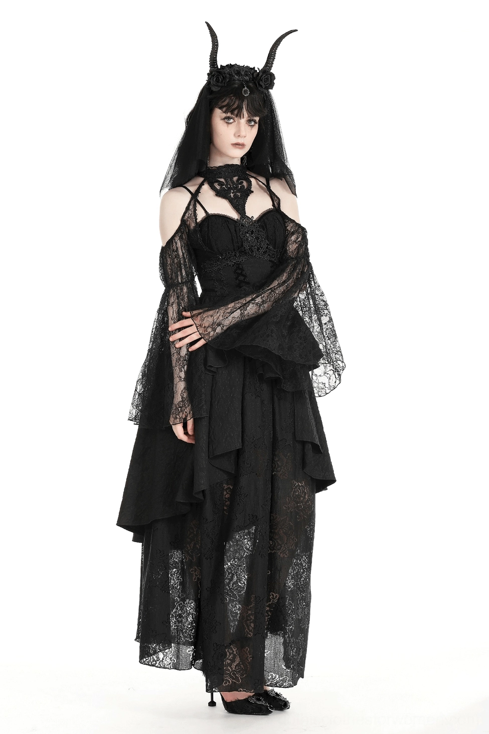 Black gothic lace bolero with adjustable neckline and bell sleeves shown in detail against white studio background