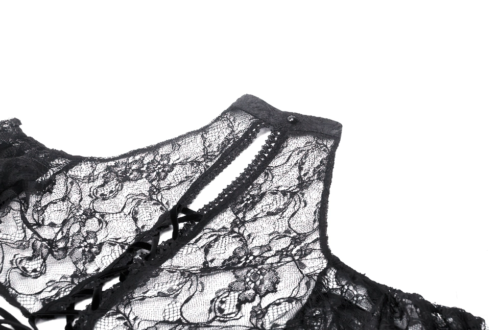 Black gothic lace bolero back close-up showing sheer nylon lace and intricate lace-up back design