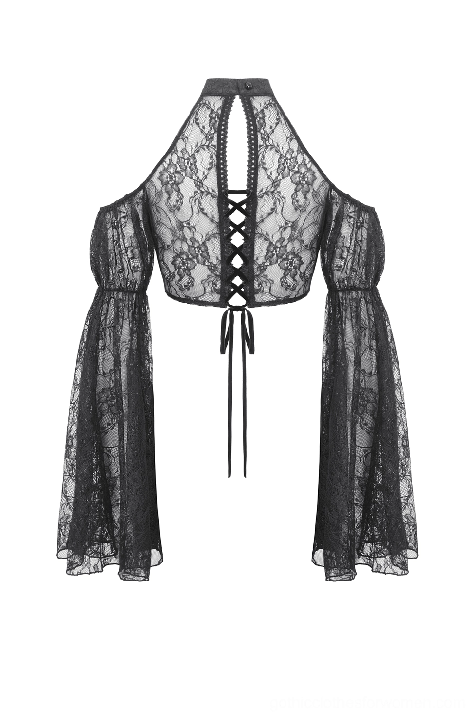 Gothic black lace bolero shrug back flat lay view showing lace-up back closure and sheer nylon lace fabric detail