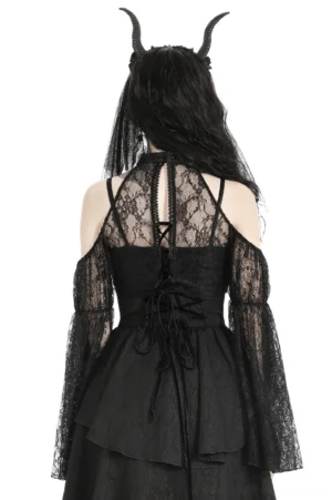 Black gothic lace bolero back view showcasing intricate lace pattern and lace-up corset detail, worn by model with gothic horn headpiece