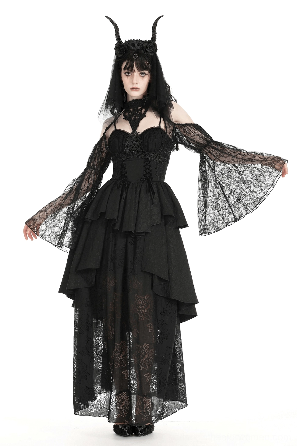 Black gothic lace bolero shrug detail view highlighting baroque floral lace pattern and alternative fashion styling