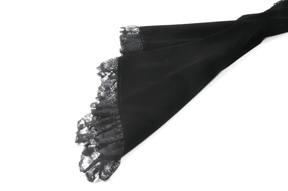 Black velvet lace bell sleeve bolero shrug displaying delicate lace ruffle trim, cropped silhouette, and theatrical gothic styling