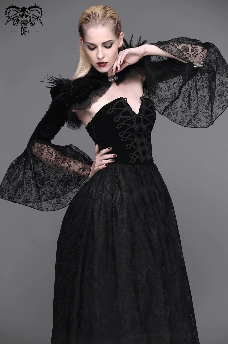 Gothic lace bolero side view showing sheer lace flare sleeves and corset-style bodice