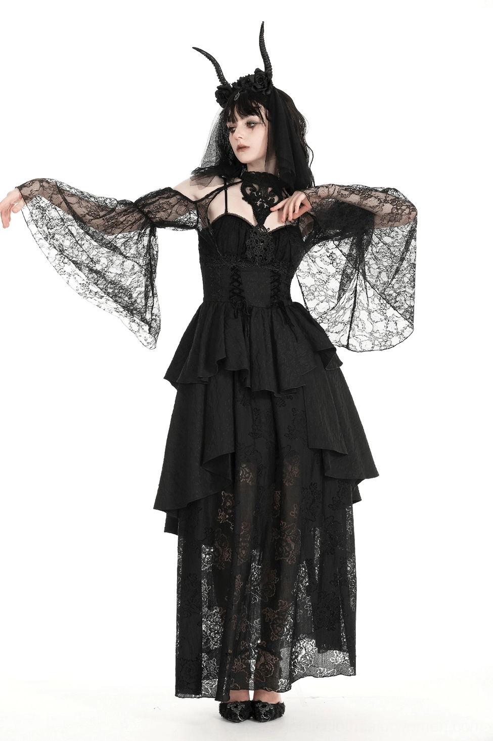 Gothic black lace bolero shrug front view flat lay displaying halter neck and delicate lace pattern