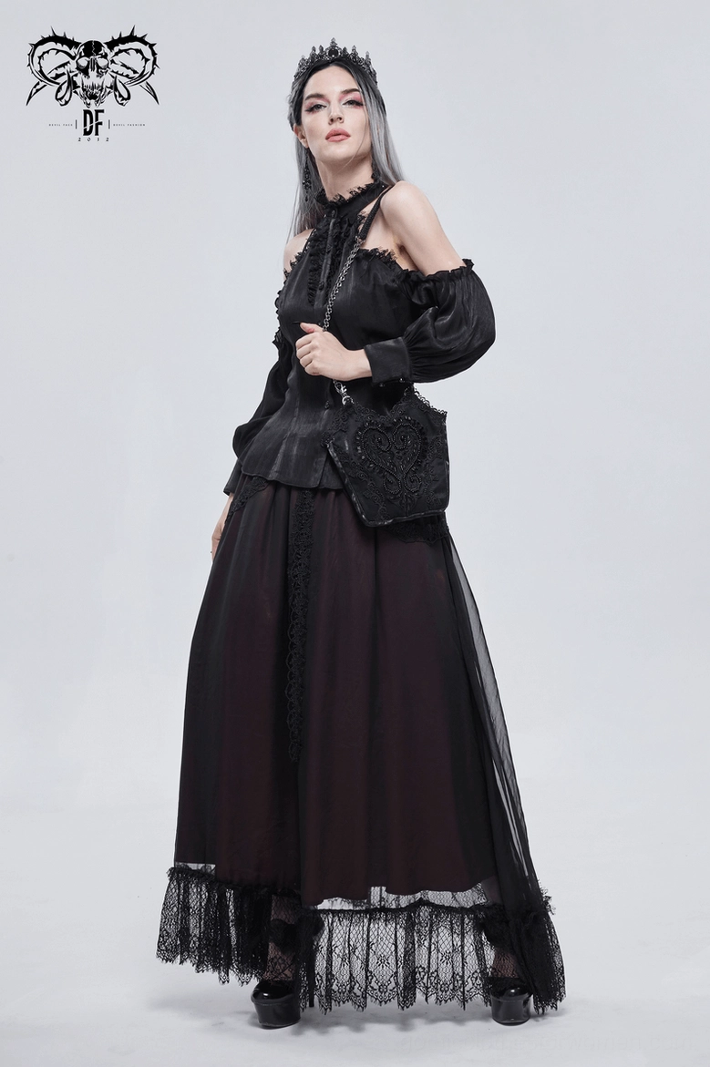 Black gothic bucket bag with heart lace embroidery and metal chain detail complete view