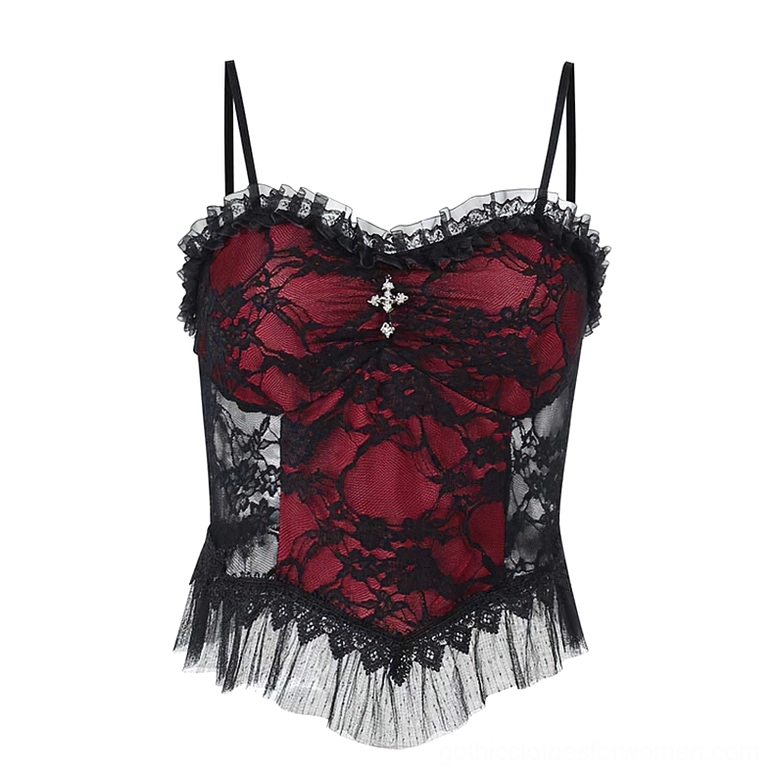 Wine red gothic lace cami top flat lay showing black lace overlay, ruffled tulle hem and wine-red lining