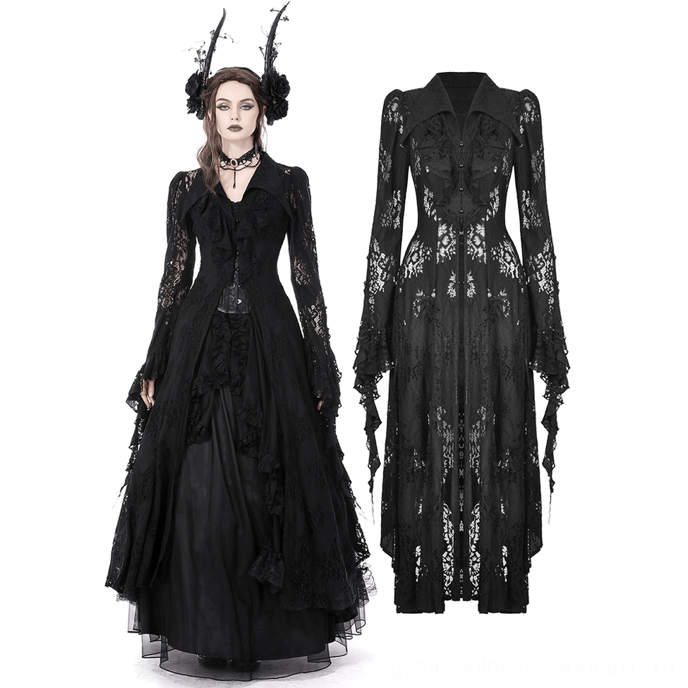 Modeled gothic lace cape with fitted waist and pointed cuffs flat lay display