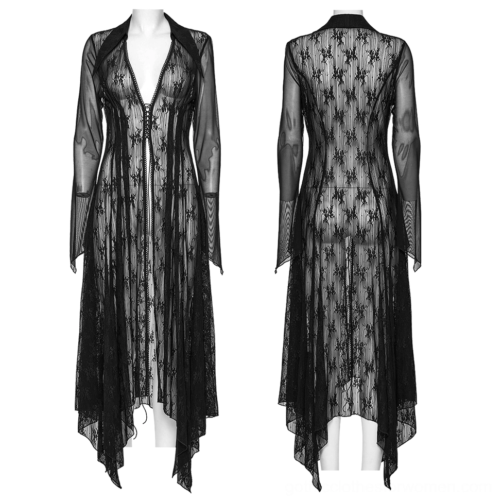 Black sheer lace gothic cape displayed on dress forms, front and rear display showing drawstring and asymmetric hem