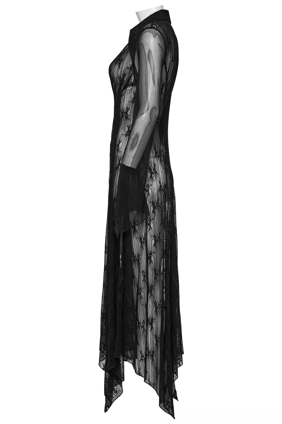 Black gothic lace cape side view on dress form showing sheer long sleeves and irregular hem edge