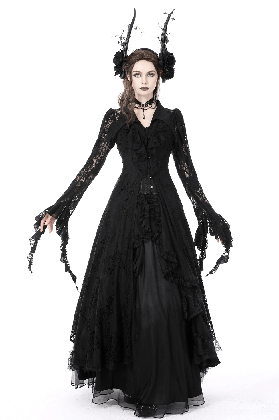 Gothic lace cape worn with model styling for dramatic dark romantic aesthetic
