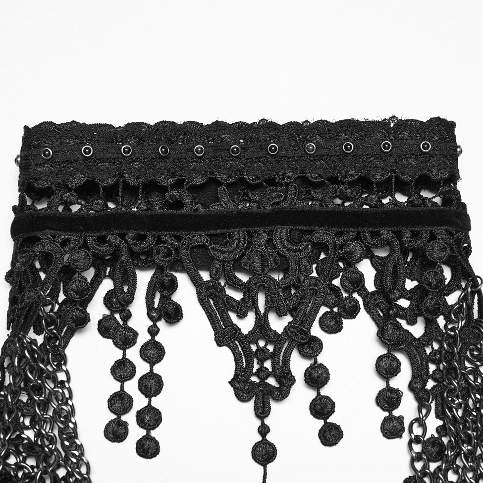 Gothic lace chain shoulder armor choker product flat lay showing complete harness construction with all components visible