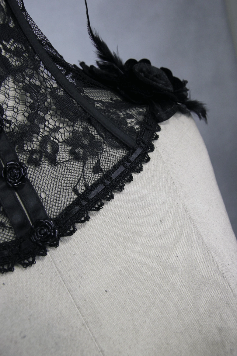 Black gothic lace high collar choker detailed view of embellishments and construction quality