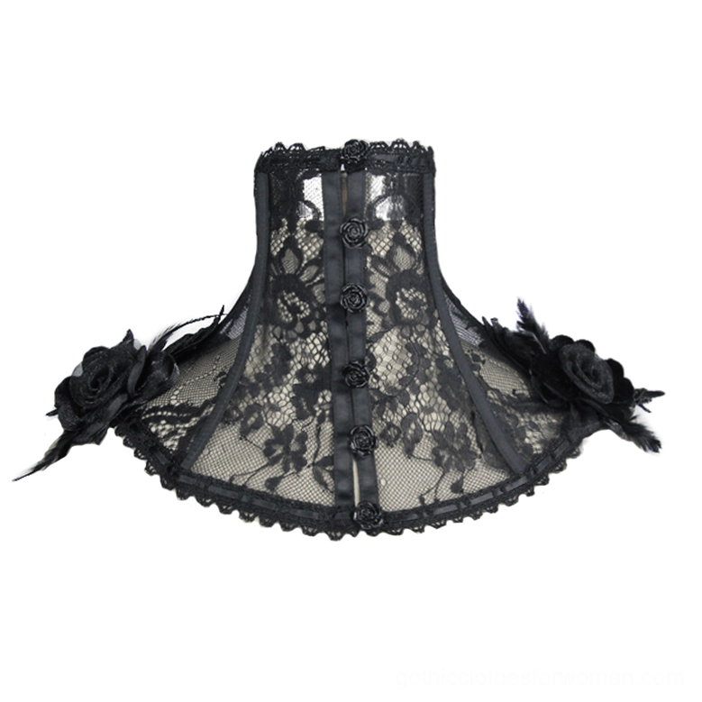 Black gothic lace neck collar front side angle showing rose appliqués and floral lace pattern detail
