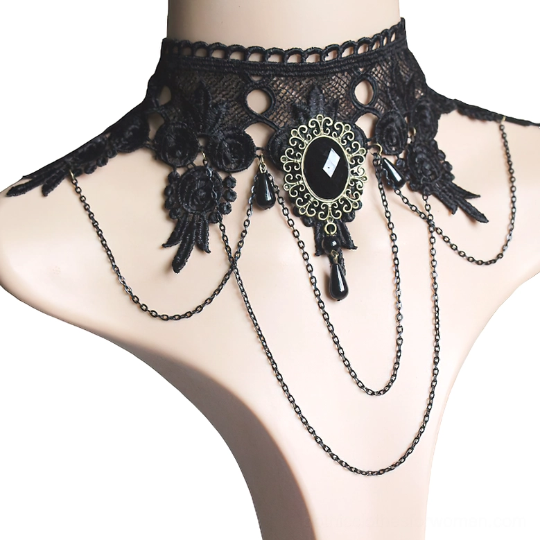 Black lace gothic choker necklace for women displayed on mannequin, front view showing black gemstone pendant and metal chain details